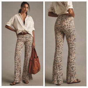 Anthropologie Floral Boot Cut Pants - Cream and Brown